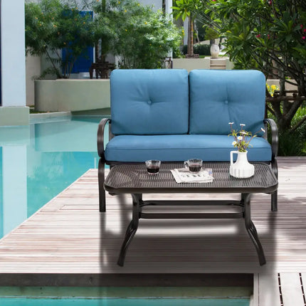 2 Pieces Patio Outdoor Cushioned Coffee Table Seat-Blue - Blue - Patio Conversation Sets