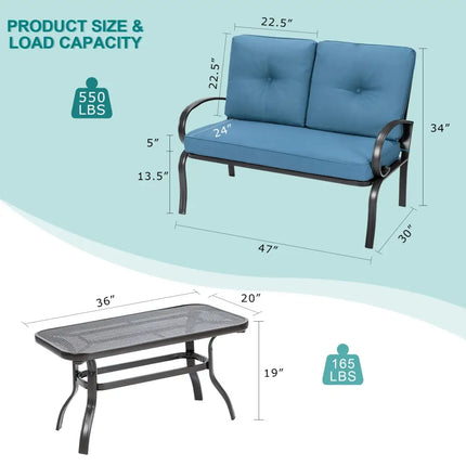 2 Pieces Patio Outdoor Cushioned Coffee Table Seat-Blue - Blue - Patio Conversation Sets