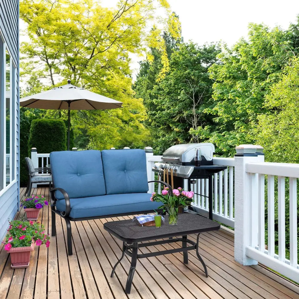 2 Pieces Patio Outdoor Cushioned Coffee Table Seat-Blue - Blue - Patio Conversation Sets