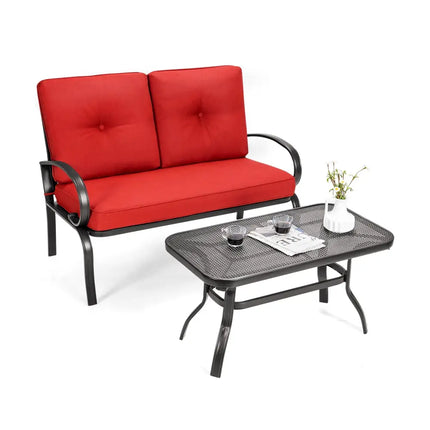 2 Pieces Patio Outdoor Cushioned Coffee Table Seat-Red - Red - Patio Conversation Sets