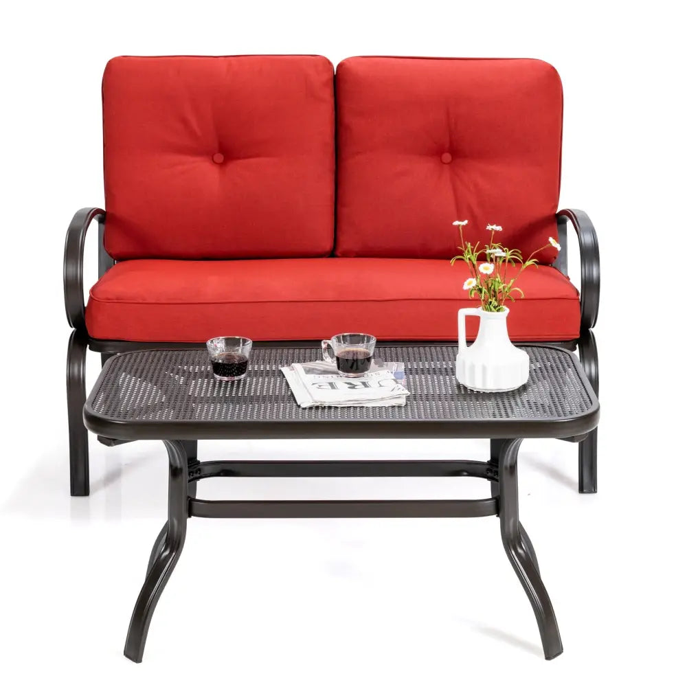 2 Pieces Patio Outdoor Cushioned Coffee Table Seat-Red - Red - Patio Conversation Sets