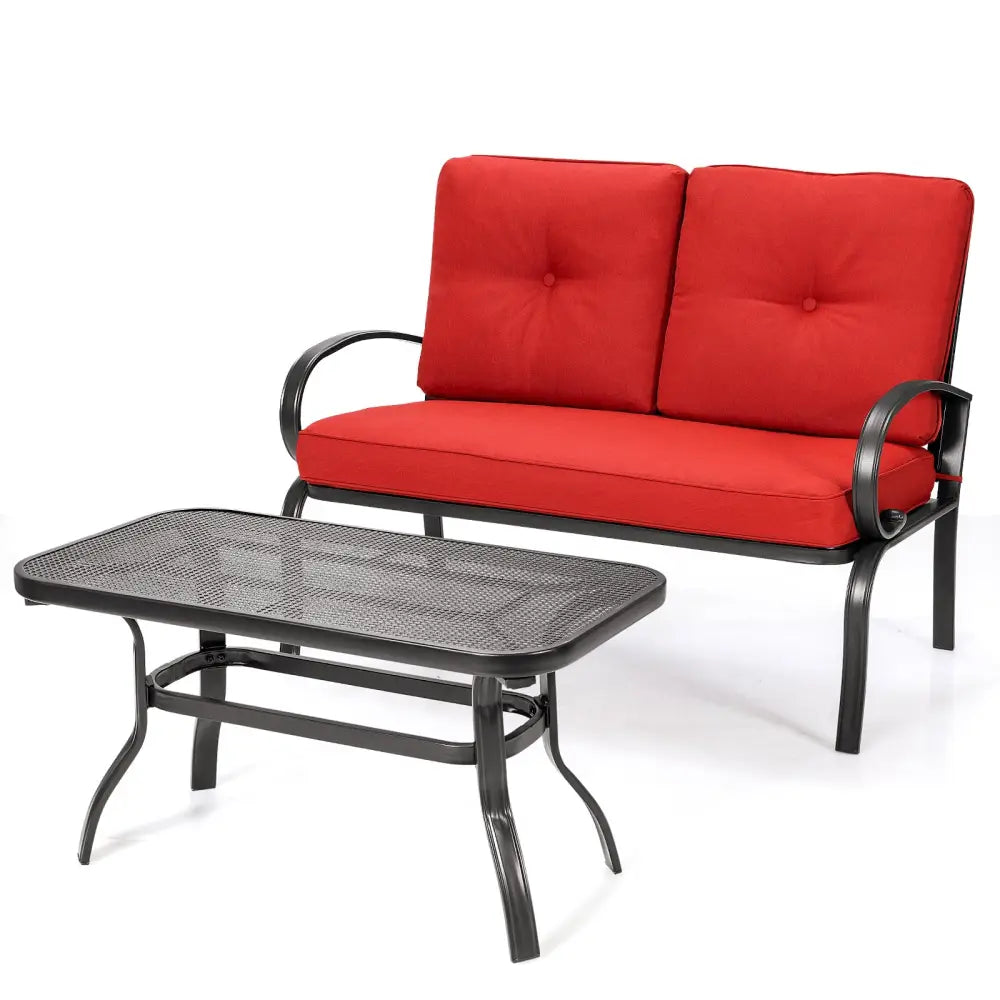 2 Pieces Patio Outdoor Cushioned Coffee Table Seat-Red - Red - Patio Conversation Sets