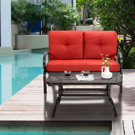 2 Pieces Patio Outdoor Cushioned Coffee Table Seat-Red - Red - Patio Conversation Sets