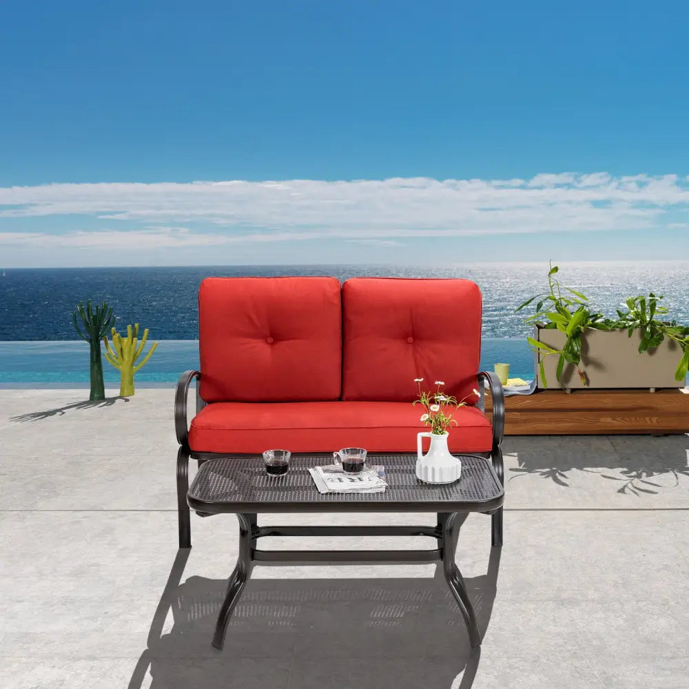 2 Pieces Patio Outdoor Cushioned Coffee Table Seat-Red - Red - Patio Conversation Sets