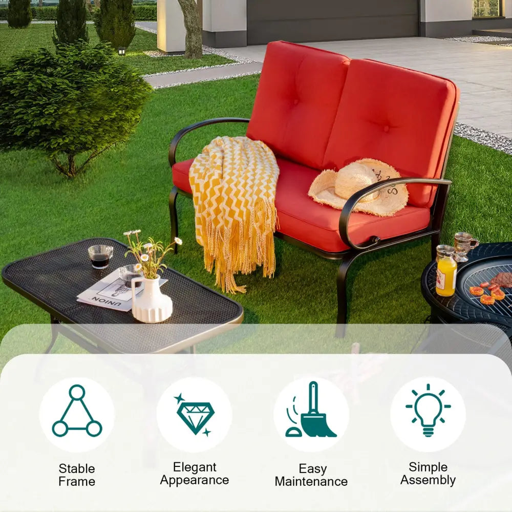 2 Pieces Patio Outdoor Cushioned Coffee Table Seat-Red - Red - Patio Conversation Sets