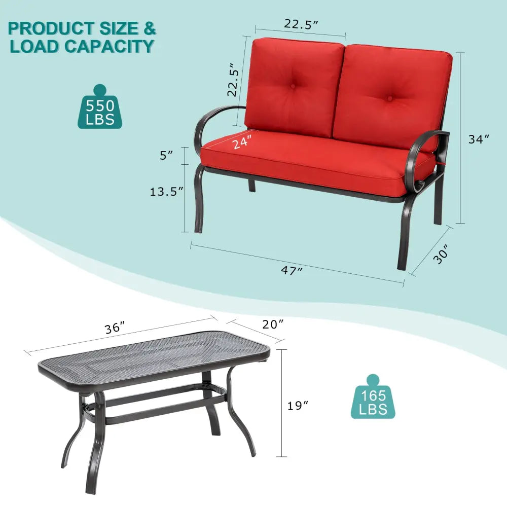 2 Pieces Patio Outdoor Cushioned Coffee Table Seat-Red - Red - Patio Conversation Sets