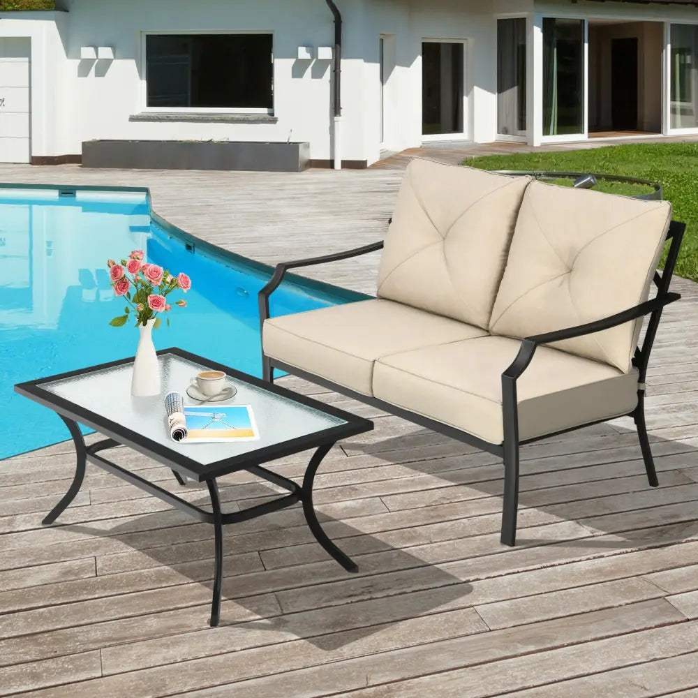 2 Pieces Patio Outdoor Cushioned Sofa Bench with Coffee Table-Beige - Beige - Patio Conversation Sets