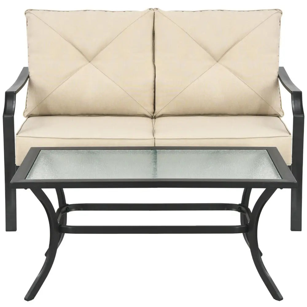 2 Pieces Patio Outdoor Cushioned Sofa Bench with Coffee Table-Beige - Beige - Patio Conversation Sets