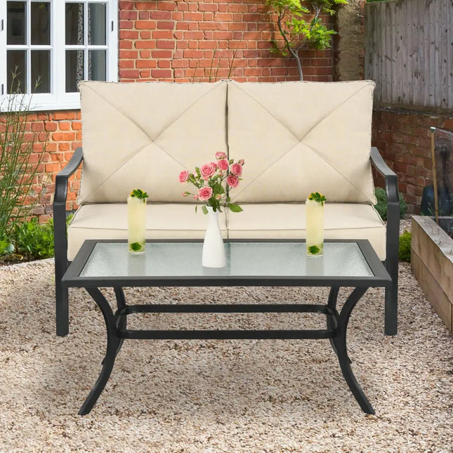 2 Pieces Patio Outdoor Cushioned Sofa Bench with Coffee Table-Beige - Beige - Patio Conversation Sets