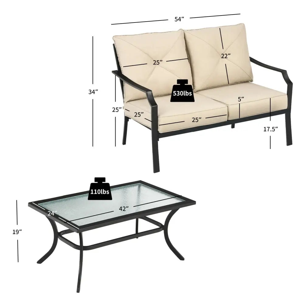 2 Pieces Patio Outdoor Cushioned Sofa Bench with Coffee Table-Beige - Beige - Patio Conversation Sets