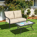 2 Pieces Patio Outdoor Cushioned Sofa Bench with Coffee Table-Beige - Beige - Patio Conversation Sets