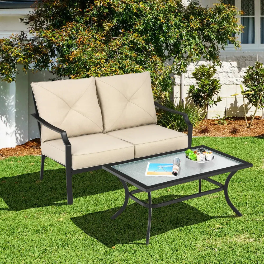 2 Pieces Patio Outdoor Cushioned Sofa Bench with Coffee Table-Beige - Beige - Patio Conversation Sets
