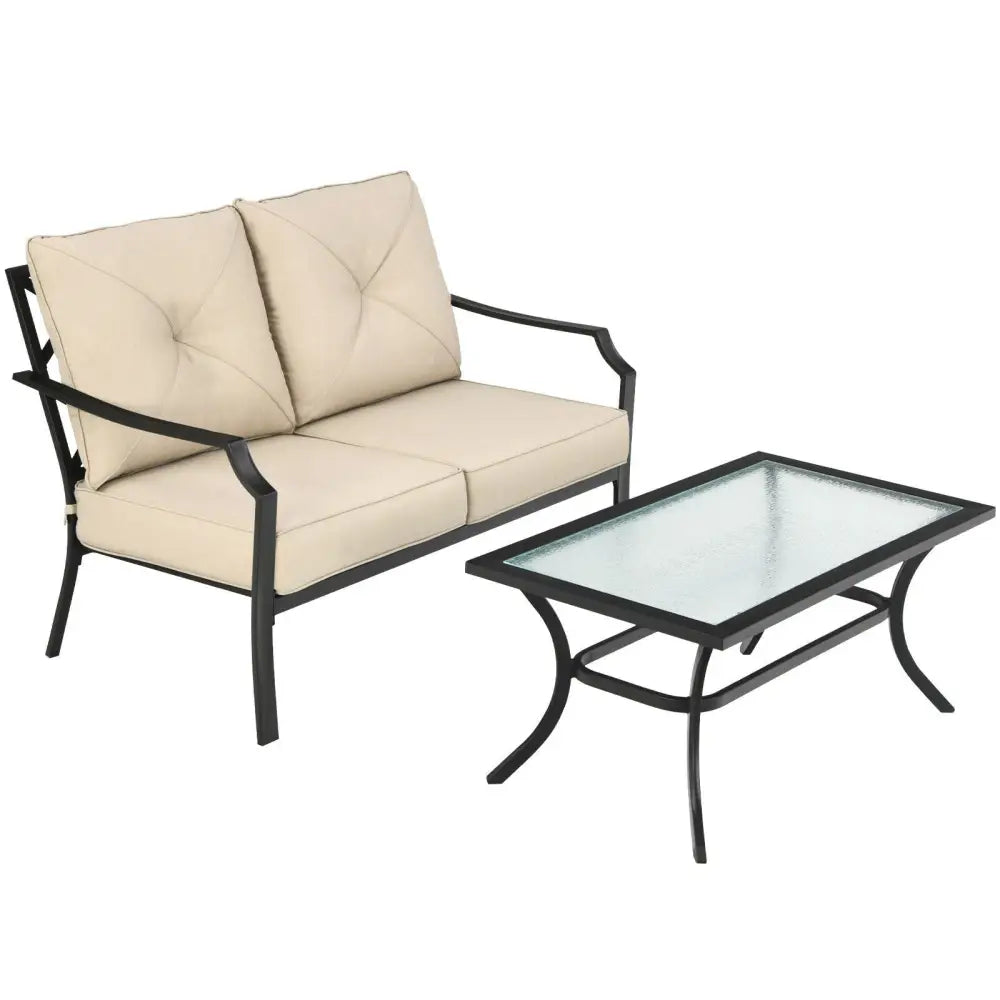 2 Pieces Patio Outdoor Cushioned Sofa Bench with Coffee Table-Beige - Beige - Patio Conversation Sets