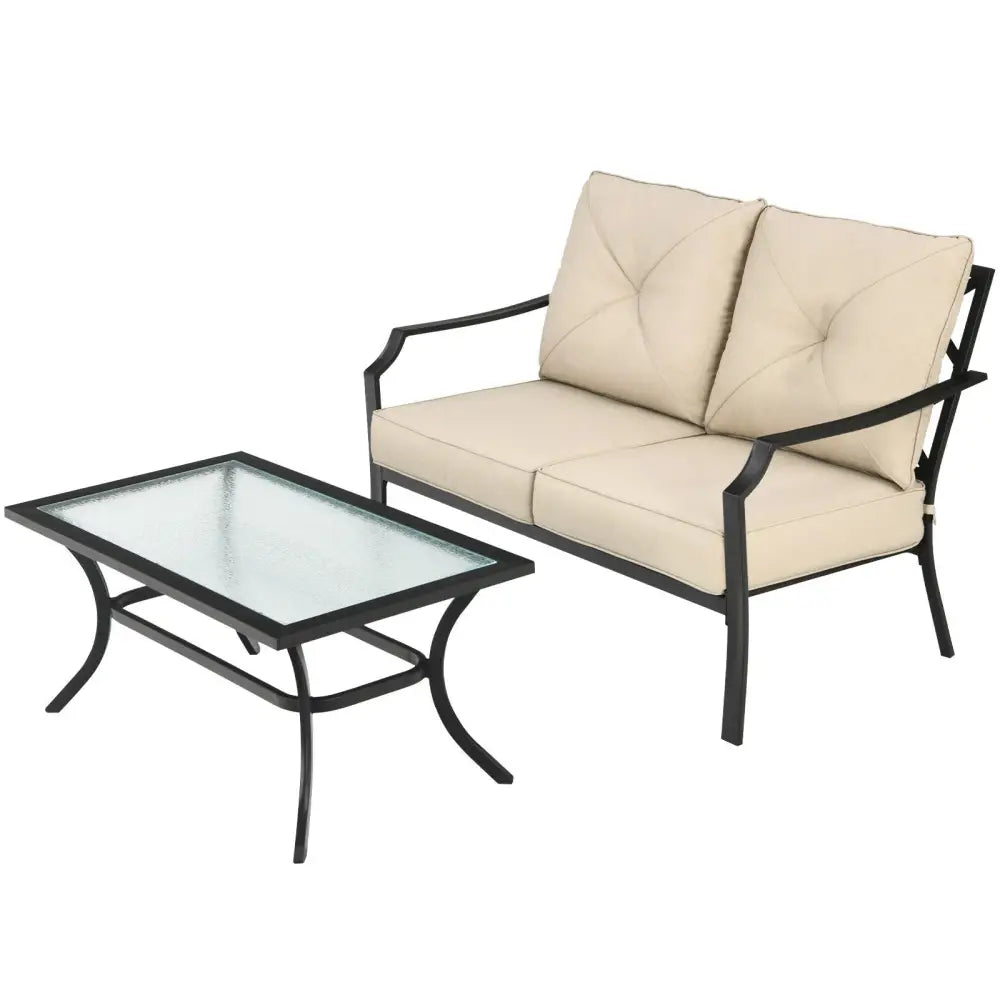 2 Pieces Patio Outdoor Cushioned Sofa Bench with Coffee Table-Beige - Beige - Patio Conversation Sets