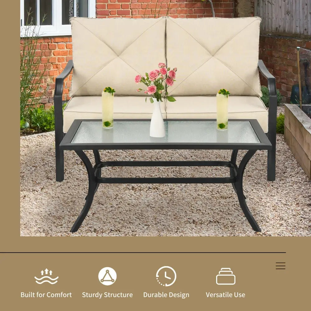2 Pieces Patio Outdoor Cushioned Sofa Bench with Coffee Table-Beige - Beige - Patio Conversation Sets
