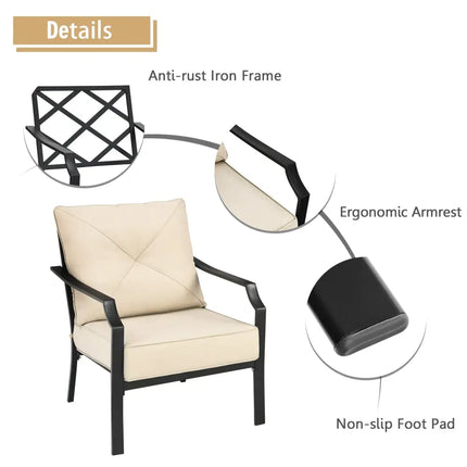 2 Pieces Patio Outdoor Dining Set with Padded Cushions Armrest Steel Frame - Beige - Patio Dining Chairs