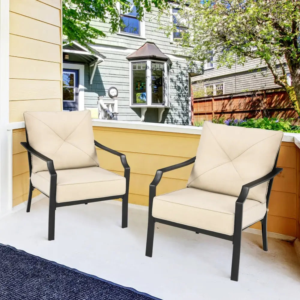 2 Pieces Patio Outdoor Dining Set with Padded Cushions Armrest Steel Frame - Beige - Patio Dining Chairs