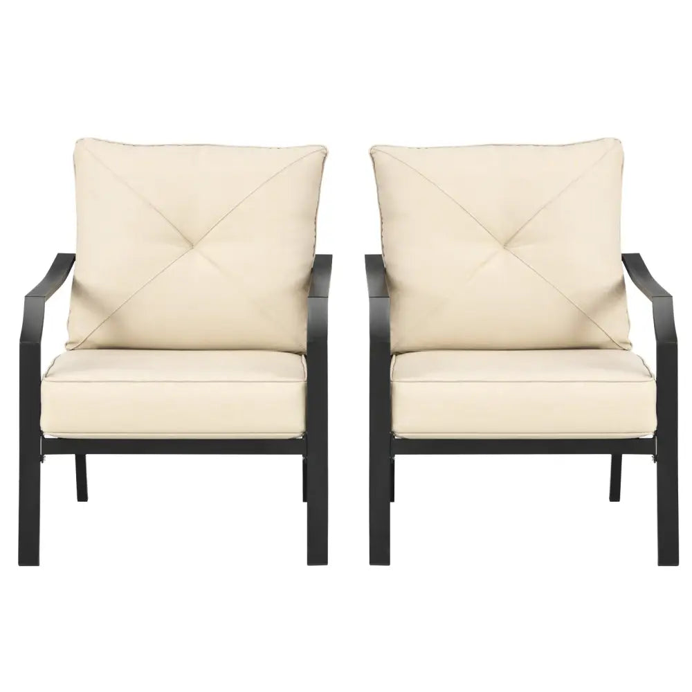 2 Pieces Patio Outdoor Dining Set with Padded Cushions Armrest Steel Frame - Beige - Patio Dining Chairs