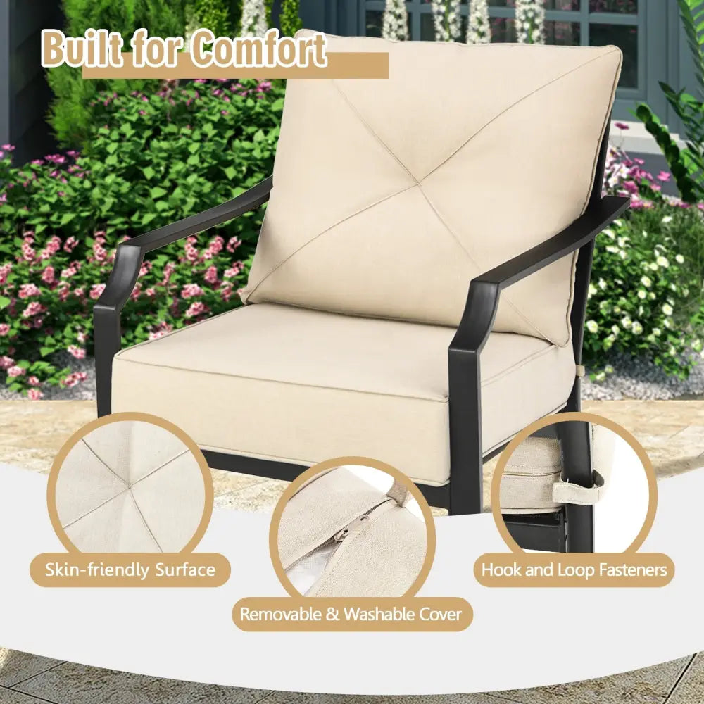 2 Pieces Patio Outdoor Dining Set with Padded Cushions Armrest Steel Frame - Beige - Patio Dining Chairs