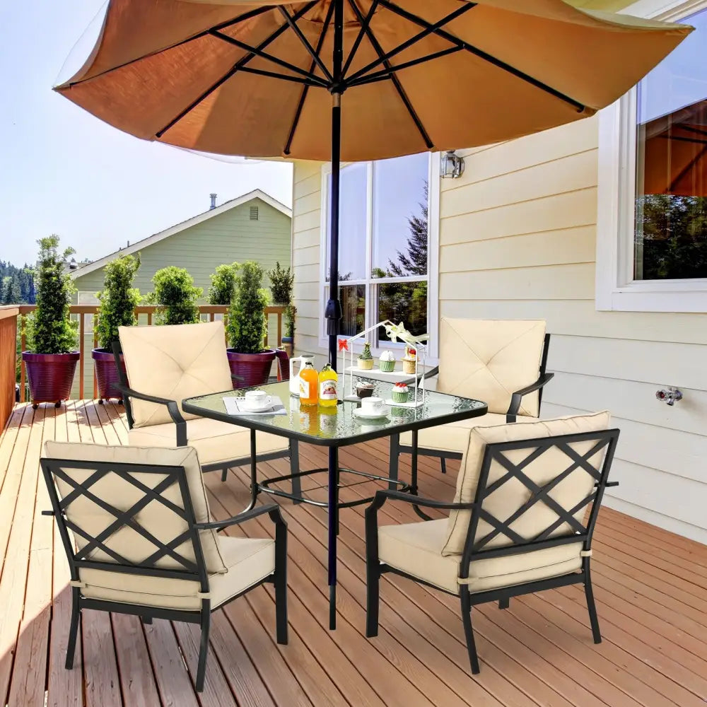 2 Pieces Patio Outdoor Dining Set with Padded Cushions Armrest Steel Frame - Beige - Patio Dining Chairs