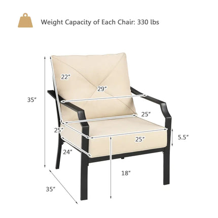 2 Pieces Patio Outdoor Dining Set with Padded Cushions Armrest Steel Frame - Beige - Patio Dining Chairs