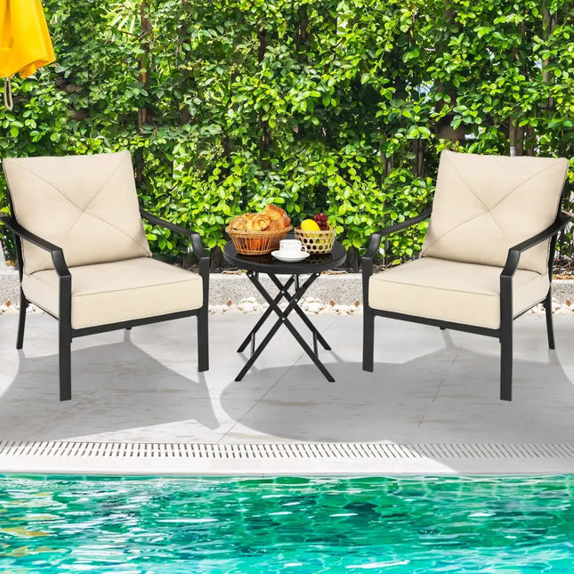 2 Pieces Patio Outdoor Dining Set with Padded Cushions Armrest Steel Frame - Beige - Patio Dining Chairs