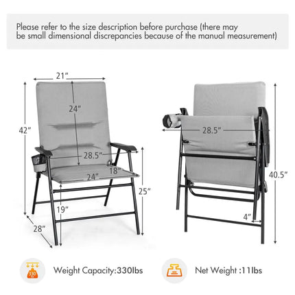2 Pieces Patio Padded Folding Portable Chair Camping Dining Outdoor-Gray - Gray - Patio Dining Chairs