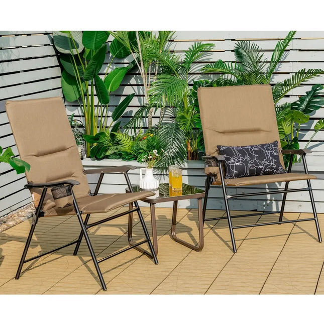 2 Pieces Patio Padded Folding Portable Chair Camping Dining Outdoor-Brown - Brown - Patio Dining Chairs