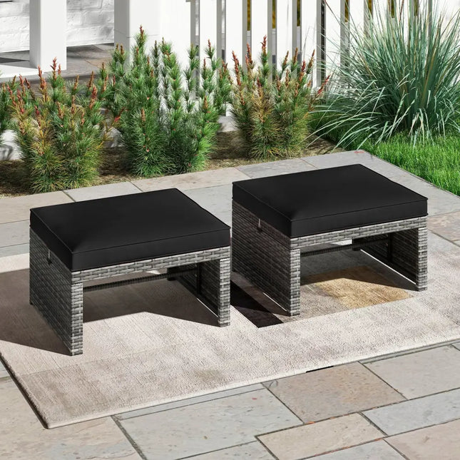2 Pieces Patio PE Rattan Ottomans with Soft Zippered Cushions for Deck-Black - Black - Outdoor Seating & Patio Chairs