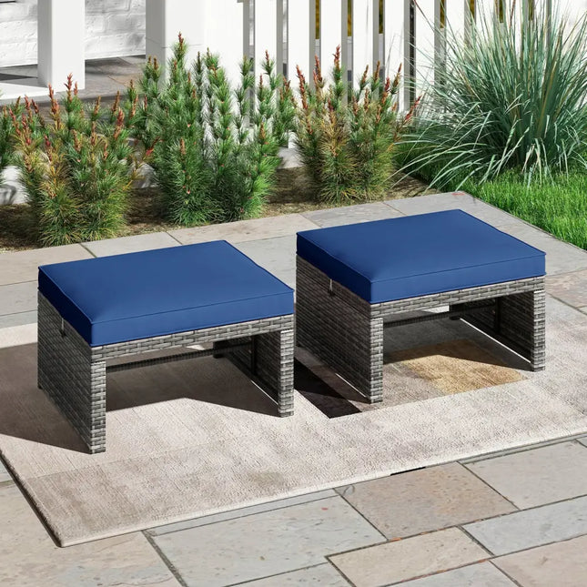 2 Pieces Patio PE Rattan Ottomans with Soft Zippered Cushions for Deck-Navy - Navy - Outdoor Seating & Patio Chairs