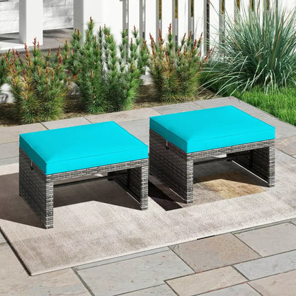 2 Pieces Patio PE Rattan Ottomans with Soft Zippered Cushions for Deck-Green - Green - Outdoor Seating & Patio Chairs
