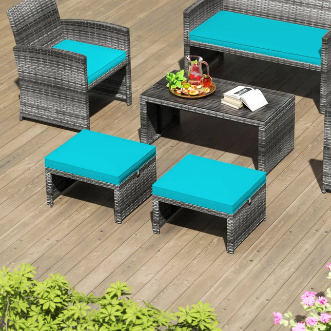 2 Pieces Patio PE Rattan Ottomans with Soft Zippered Cushions for Deck-Green - Green - Outdoor Seating & Patio Chairs