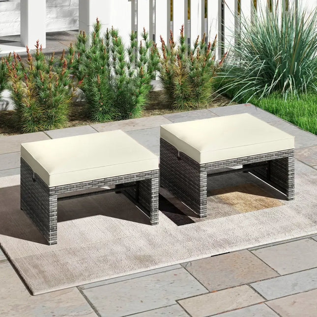 2 Pieces Patio PE Rattan Ottomans with Soft Zippered Cushions for Deck-White - White - Outdoor Seating & Patio Chairs