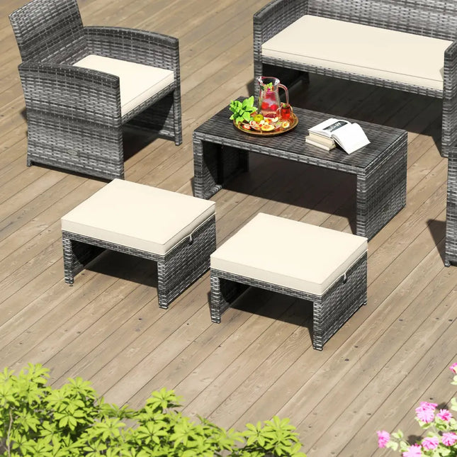 2 Pieces Patio PE Rattan Ottomans with Soft Zippered Cushions for Deck-White - White - Outdoor Seating & Patio Chairs