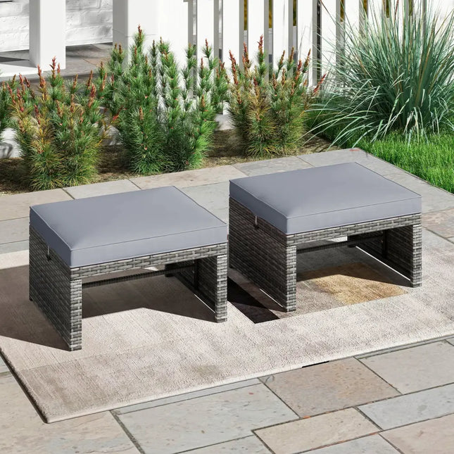 2 Pieces Patio PE Rattan Ottomans with Soft Zippered Cushions for Deck-Gray - Gray - Outdoor Seating & Patio Chairs