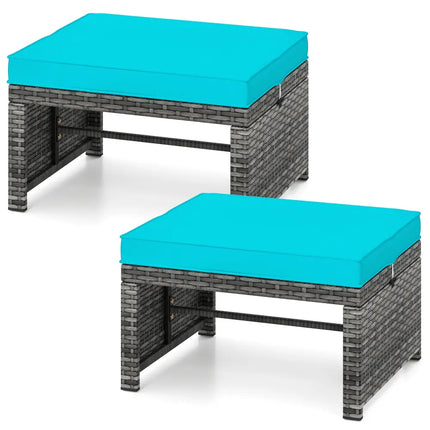 2 Pieces Patio PE Rattan Ottomans with Soft Zippered Cushions for Deck-Green - Green - Outdoor Seating & Patio Chairs