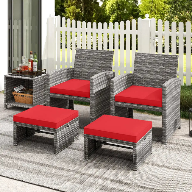 2 Pieces Patio PE Rattan Ottomans with Soft Zippered Cushions for Deck-Red - Red - Outdoor Seating & Patio Chairs
