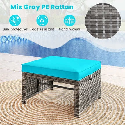 2 Pieces Patio PE Rattan Ottomans with Soft Zippered Cushions for Deck-Green - Green - Outdoor Seating & Patio Chairs