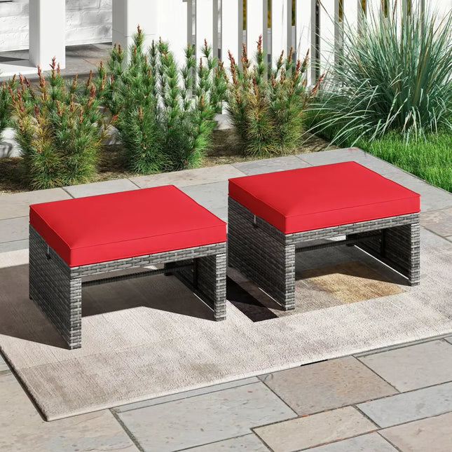 2 Pieces Patio PE Rattan Ottomans with Soft Zippered Cushions for Deck-Red - Red - Outdoor Seating & Patio Chairs