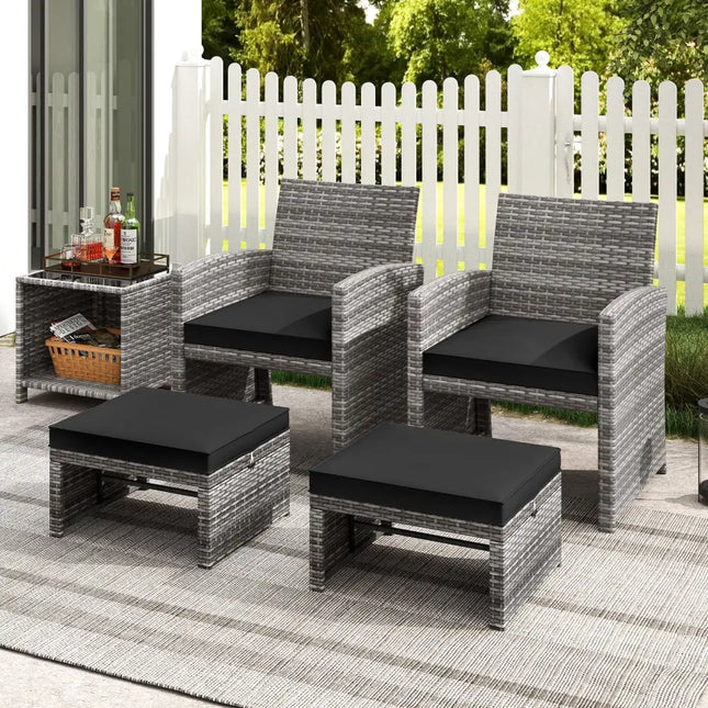 2 Pieces Patio PE Rattan Ottomans with Soft Zippered Cushions for Deck-Black - Black - Outdoor Seating & Patio Chairs