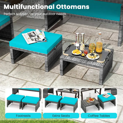 2 Pieces Patio PE Rattan Ottomans with Soft Zippered Cushions for Deck-Green - Green - Outdoor Seating & Patio Chairs