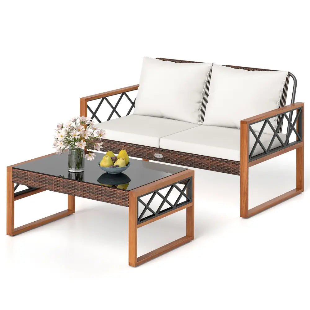 2 Pieces Patio PE Wicker Furniture Set Outside Conversation Set for Porch-White - White - Patio Conversation Sets