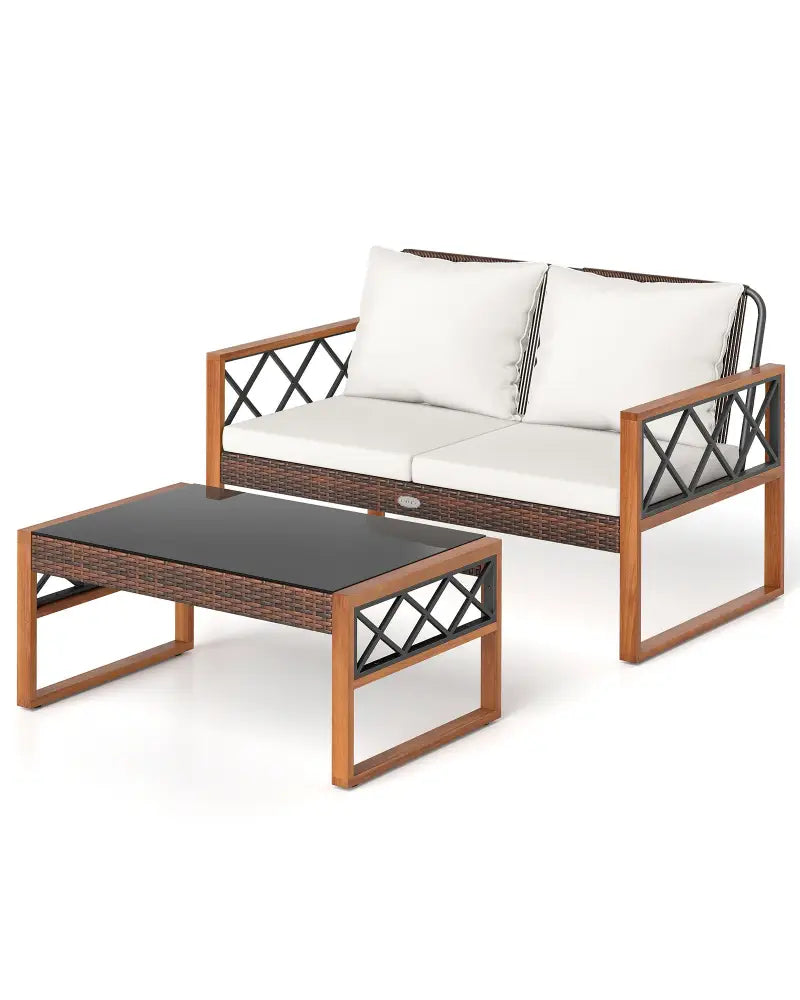 2 Pieces Patio PE Wicker Furniture Set Outside Conversation Set for Porch-White - White - Patio Conversation Sets