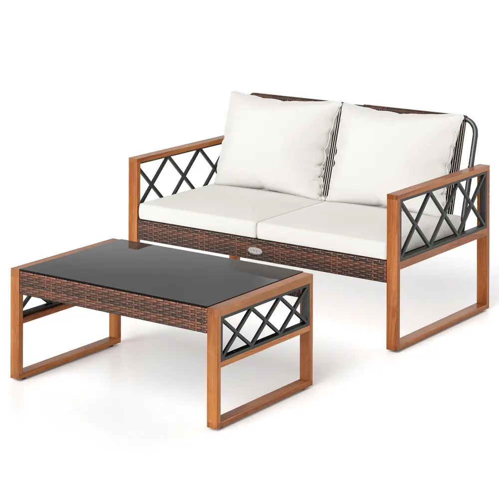 2 Pieces Patio PE Wicker Furniture Set Outside Conversation Set for Porch-White - White - Patio Conversation Sets