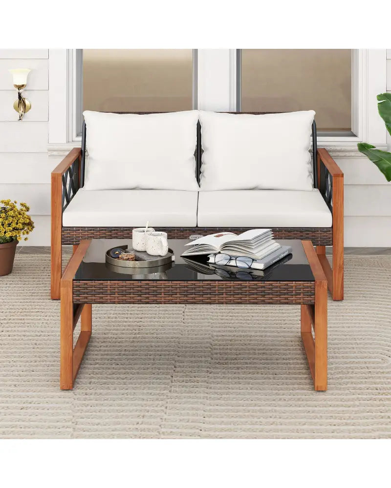 2 Pieces Patio PE Wicker Furniture Set Outside Conversation Set for Porch-White - White - Patio Conversation Sets