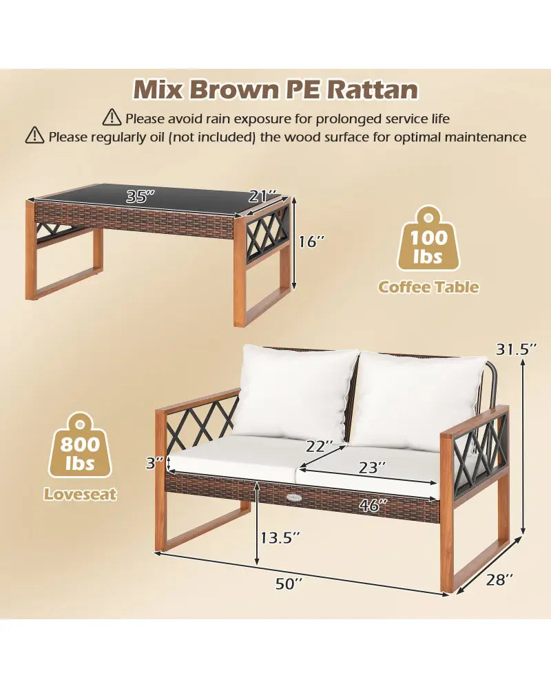 2 Pieces Patio PE Wicker Furniture Set Outside Conversation Set for Porch-White - White - Patio Conversation Sets