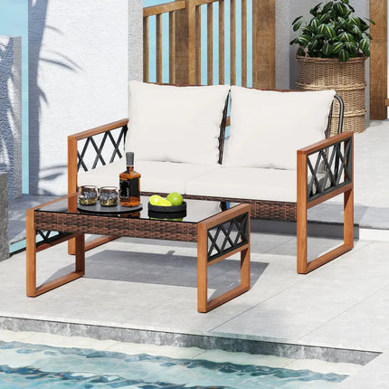 2 Pieces Patio PE Wicker Furniture Set Outside Conversation Set for Porch-White - White - Patio Conversation Sets