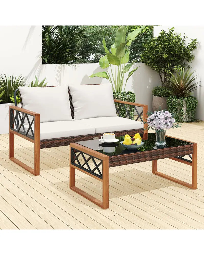 2 Pieces Patio PE Wicker Furniture Set Outside Conversation Set for Porch-White - White - Patio Conversation Sets