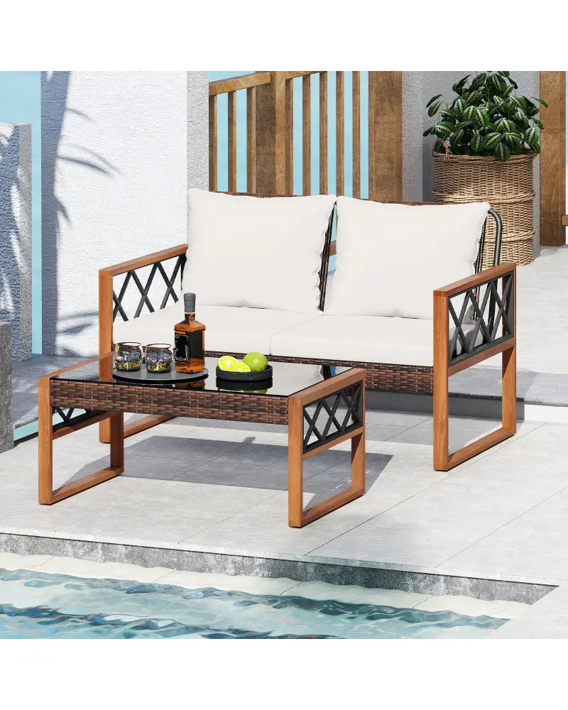 2 Pieces Patio PE Wicker Furniture Set Outside Conversation Set for Porch-White - White - Patio Conversation Sets