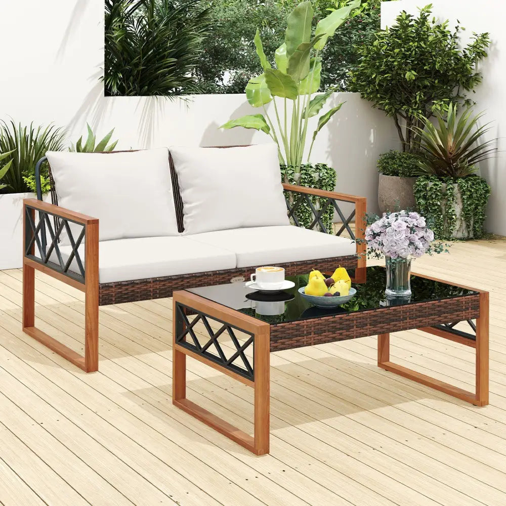 2 Pieces Patio PE Wicker Furniture Set Outside Conversation Set for Porch-White - White - Patio Conversation Sets